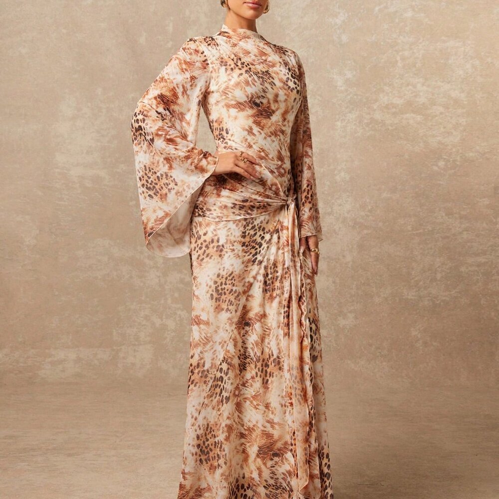 Multicolor Casual Women's Tie-Dye Leopard Print Mesh V-Neck Dress - Picture 5 of 7